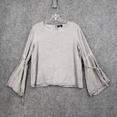 Blusa boho recortada con cuello redondo manga campana gris pequeña semilla mostaza para mujer S Foto 1 de 4