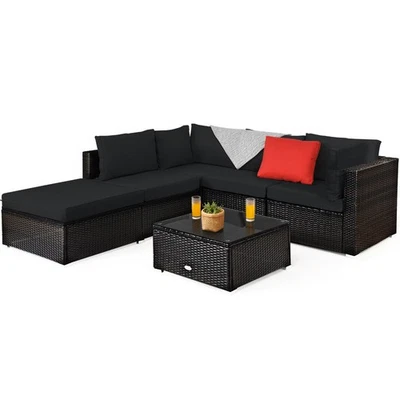 Juego de muebles de mimbre de ratán para exteriores Patiojoy de 6 piezas sofá seccional acolchado negro Foto 1 de 4