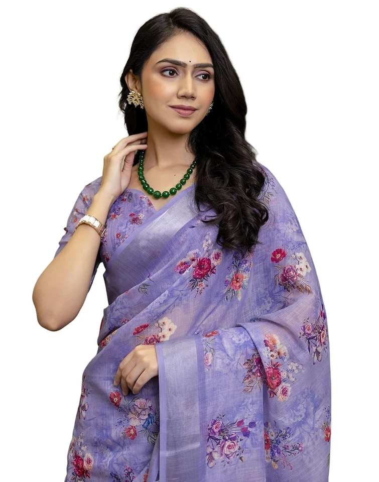 Sari para mujer de algodón y lino estampado floral de un minuto listo para usar con blusa Foto 1 de 1