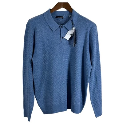 Suéter Polo Tejido TAHARI Para Hombre Azul Mezcla de Lana Acanalado Cuello Botón Talla M Foto 1 de 4