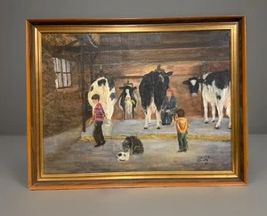 Vintage 1965 Original Oil On 18x24 Canvas - Farm Barn Scene Milking Cows W/Frame - Picture 1 of 13