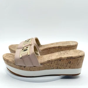 Michael Kors Platform Wedge Sandals Cork Gold Logo Slide On Size 8 - Picture 1 of 10