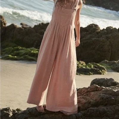 Free People Size Large Sun Drenched Overalls Jumpsuit Pink Wide Leg Boho Beach - Image 1 of 4