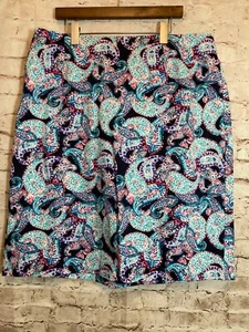 Talbots Skirt Womens 20W Turquoise Navy Paisley Plus Zip Fit & Flare Cotton - Picture 1 of 15