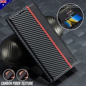 For Samsung S25 S24 S23 S22 S21 FE Ultra Carbon Fibre Leather Case Wallet Cover - Picture 1 of 11