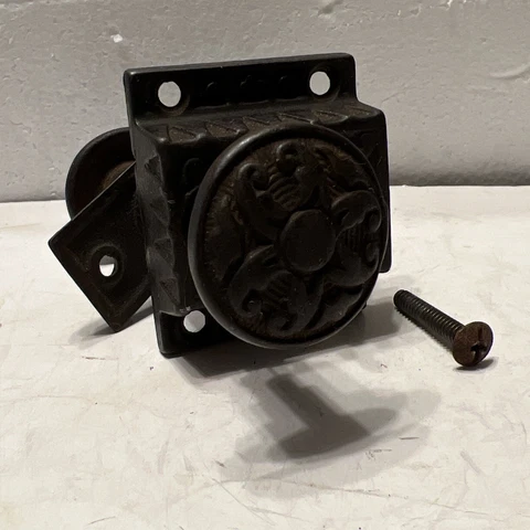 Antique Door/cabinet Latch Ornate Victorian cast iron with Exterior Plate & Knob Cover