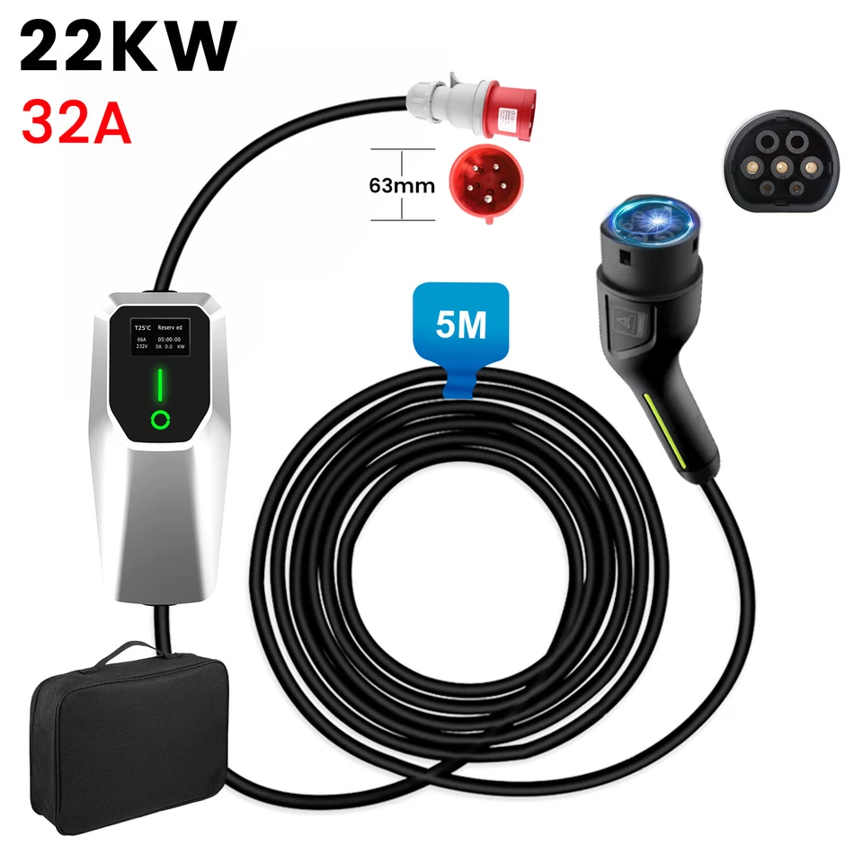 EV Ladegerät Ladekabel Starkstrom CEE 11/22KW 16/32A Typ 2 EU Mobile Wallbox