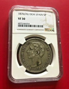 1876(76) DEM SPAIN 5 PESETAS NGC VF 30 - Picture 1 of 2