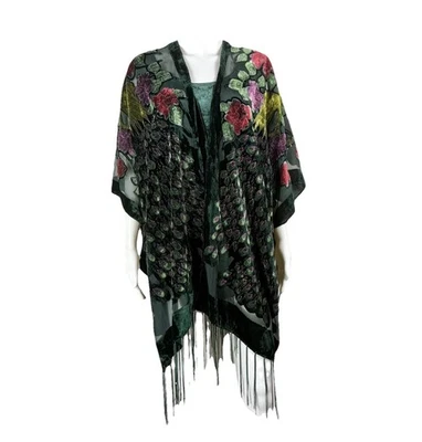 Camiseta sin mangas y chal con flecos CITRON SANTA MONICA de terciopelo pavo real/floral 1X Plus - NTSF Foto 1 de 4