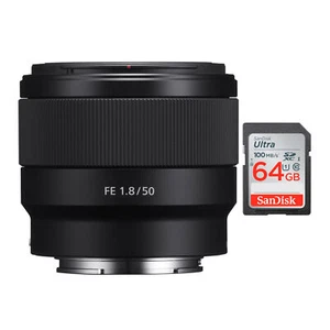 Sony FE 50mm F1.8 Lens & SanDisk 64GB SD Card - Picture 1 of 7