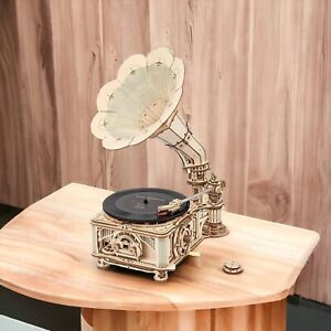 ROKR 3D Wooden Puzzle DIY Hand Crank Classic Gramophone Model Building Toy Gift