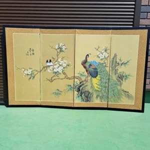 Japanese Four Panel Gold Folding Screen Byobu Wooden Frame antique From Japan - Picture 1 of 16