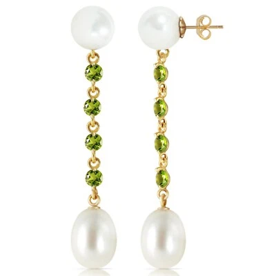 11 Carat 14K Solid Yellow Gold Chandelier Peridot & Pearl Gemstone Earrings - Image 1 of 3