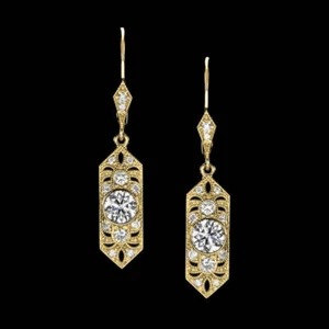 0.78c NATURAL DIAMOND VINTAGE STYLE DROP EARRINGS ART DECO GEOMETRIC YELLOW GOLD - Picture 1 of 1