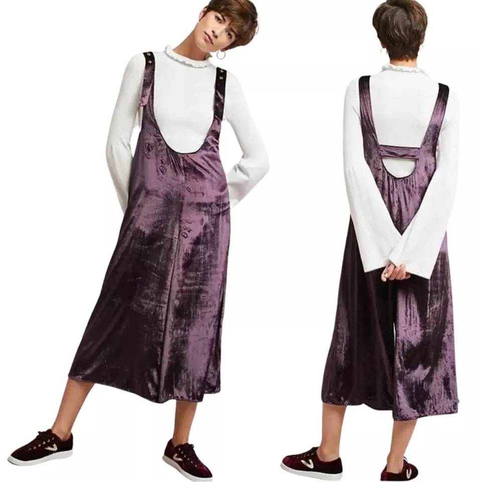 Anthropologie by MAEVE Plum Purple Velvet Suspender Jumpsuit Wide leg Boho Small - Image 1 of 4