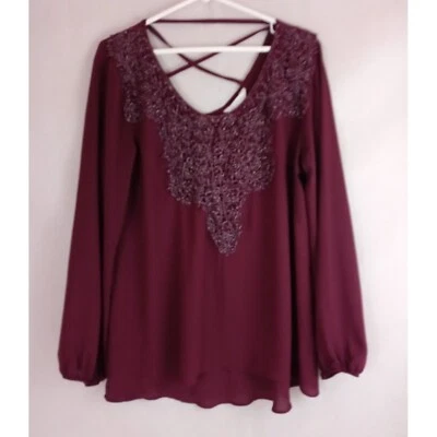 Charming Charlie Women's Burgandy/Maroon Blouse With Metallic Embroidery Large - Image 1 of 4