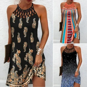 Lady Summer Beach Boho Dress Holiday Hollow Halter Neck Mini Dresses Plus Size// - Picture 1 of 16