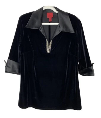 Beautiful JS Collection Women's Sz 18 Black Velvet Blouse w Crystal Neck Detail - Image 1 of 4