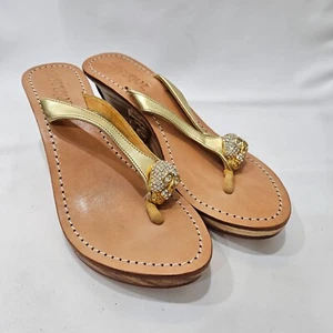 Mystique Womens Jewel Skull Carved Leather Wedge Sandals Size 8 Gold Embellished - Picture 1 of 13