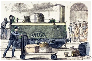 ANCÊTRE de la SNCF - PREMIÈRE LOCOMOTIVE à VAPEUR - Gravure couleur 19eme siècle - Picture 1 of 3