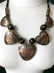 Vintage Copper Graduated Heart Statement Necklace Mixed metal Black enamel beads - Picture 1 of 15