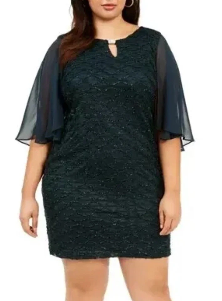 Connected Apparel L137309 Green Textured Flutter Sleeve Keyhole Dress Size 24W