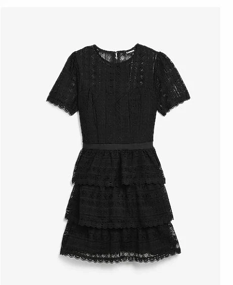 Express Black Floral Lace Tiered Short Sleeve Crew Neck Fit Flare Mini Dress XL