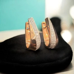 Pave 0.60 Cts Round Brilliant Cut Natural Diamonds Hoop Earrings 14K Rose Gold - Picture 1 of 12