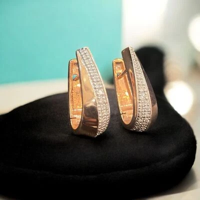 Pave 0.60 Cts Round Brilliant Cut Natural Diamonds Hoop Earrings 14K Rose Gold - Image 1 of 4