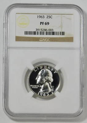 Moeda de 25 centavos de prata 1963 Washington ALTA QUALIDADE! NGC Gem Proof 69 - Imagem 1 de 2