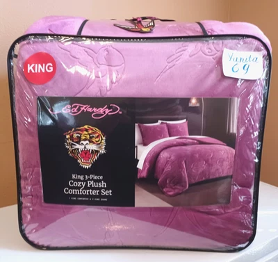 Ed Hardy Pink Birds &Logos Embossed Cozy Plush 3pc King Comforter &Shams Set - Image 1 of 4