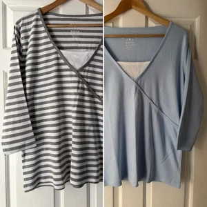 Brand New - Set of Two - 3/4 Length Sleeve Tops - Grey/White Stripes + Pale Blue - Picture 1 of 5