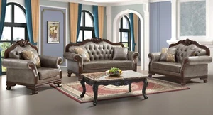 Formal Luxury Sofa Set 3pc Sofa Loveseat Chair Brown Leather Tufted Living Room - Picture 1 of 4