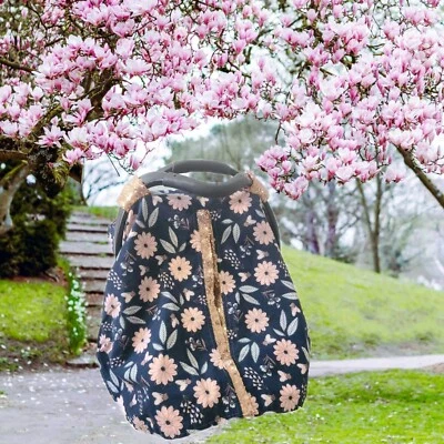 Infant Car Seat Cover Rose Gold Sequin Blue Pink Floral Remove Bow Elastic Back - Image 1 of 4