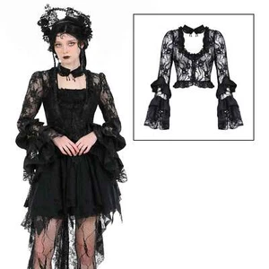 DARK IN LOVE Gothic Spitzen-Bluse Transparent Schwarz Rüschen Romantik - Picture 1 of 10