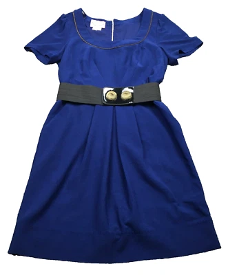 Phoebe Couture Womens Dress Sz 4 Blue Lined Black Stretch Belt Short Sleeve - Image 1 of 4