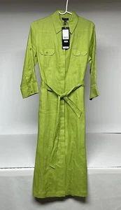 Escada Lime Green Long Sleeved Linen Button Front Belted Shirt Dress Sz 38 NWT - Picture 1 of 10
