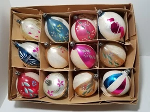 12 Vtg Fantasia Large Glass Striped Teardrop Mica Christmas Ornaments Poland  - Picture 1 of 15