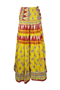 Boho Gypsy Hippy Yellow Maxi Skirt Printed 2 In 1 Dress Smocked Bodice Dress S/M