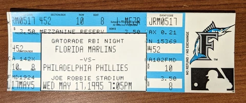 Miami Florida Marlins Ticket Stub 05-17-95 vs Phillies Joe Robbie Stadium - Fast Cover