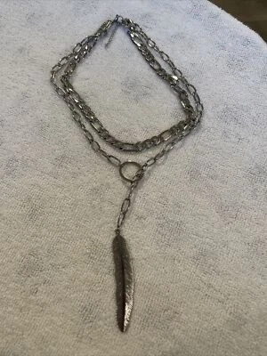 Adornia Mixed Chain Feather Lariat Layered Necklace ~ Retails $220 ~ Silver Tone - Image 1 of 4