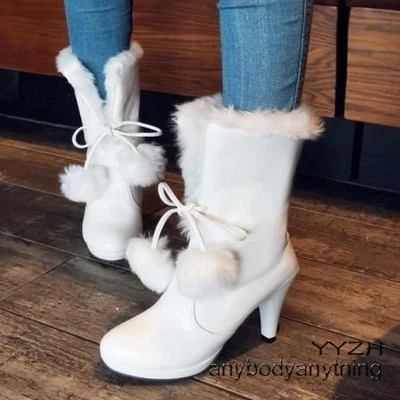 Botas de invierno para mujer a media pantorrilla borlas tacones altos forradas de piel sintética zapatos cálidos Foto 1 de 4