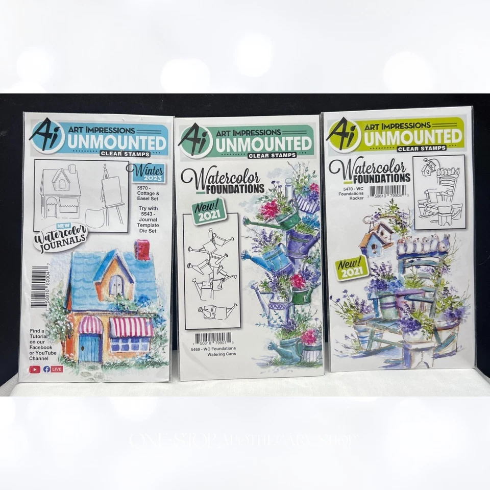 Art Impressions COTTAGE Rocker Watering Cans Watercolor Rubber Stamps Lot - Image 1 of 1