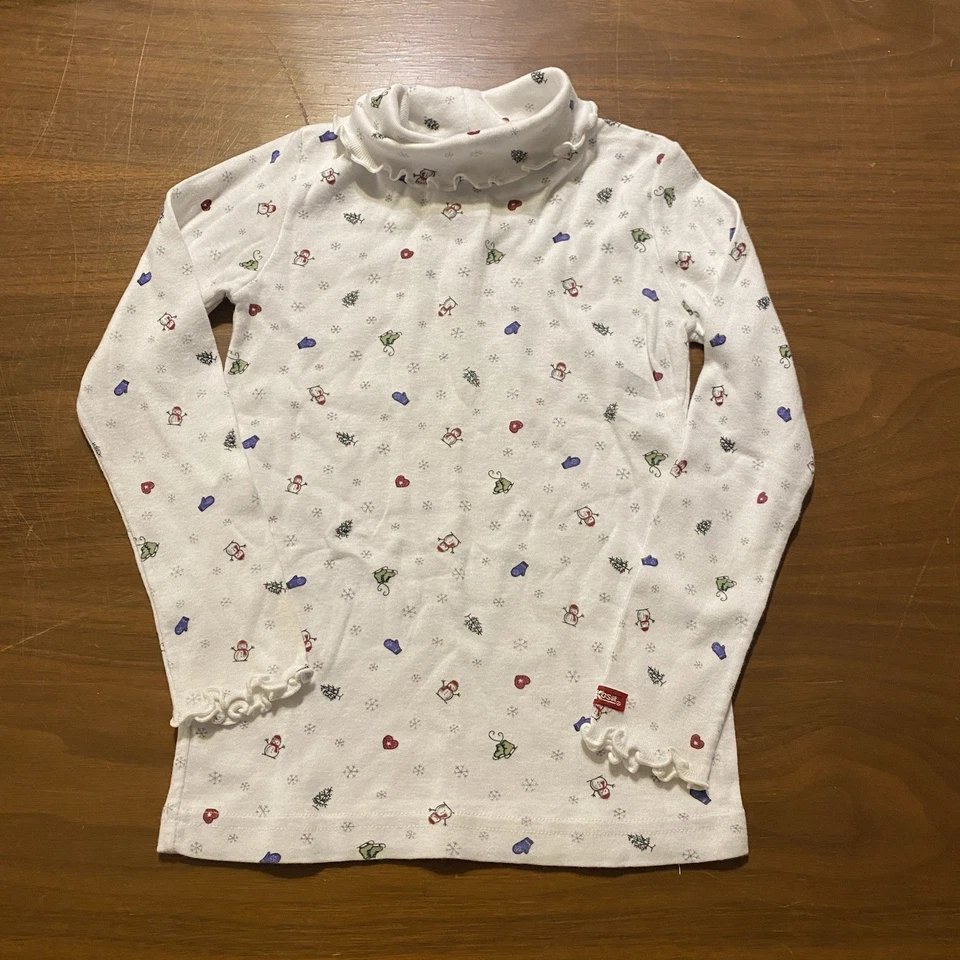 Camisa Oshkosh B'Gosh Volantes Cuello Tortuga Talla 4 Mitones de Invierno, Muñecos de Nieve, Árbol de Navidad Foto 1 de 4