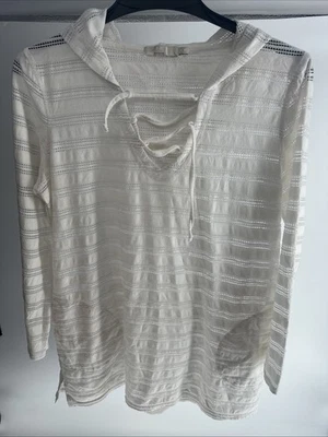 Prana Top Womens Large Brown Striped Gauzy Hooded Pullover Tie Waist Pocket - Image 1 of 4