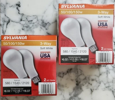 4 Sylvania 3-Way Bulbs (2 BRAND NEW Sealed 2-Packs) 50/100/150w Soft White A21 - Image 1 of 4