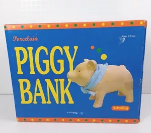 Porcelain Piggy Bank Pink/Blue Scarf 8” Head To Tail 6” Tall Pink Schylling Bank - Picture 1 of 9