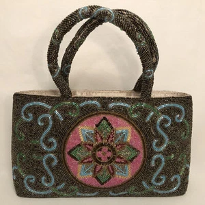 VTG Designer Moroccan Heavily Beaded Handbag Pink Blue Medallion Scroll Boho - Picture 1 of 6