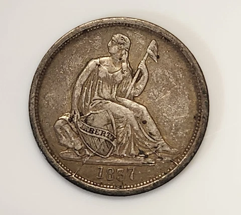 1837 Seated Liberty Dime Silver Dime No Stars in VF/XF Condition Key Date Cover