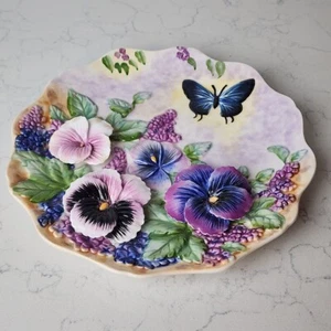 3D Flowers & Butterfly Hand Painted Ceramic Plate Blue Purple - Picture 1 of 7